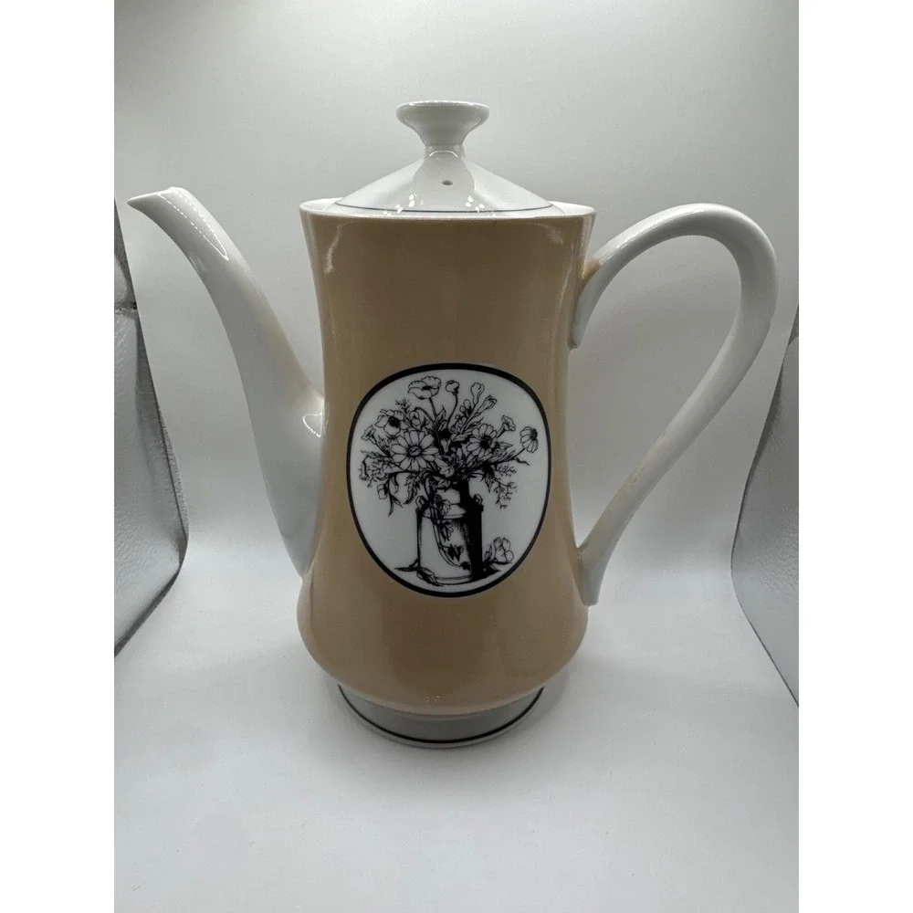 Wellington Floral Art Fine China Coffee Pot Tan Botanical Made in Japan Vintage